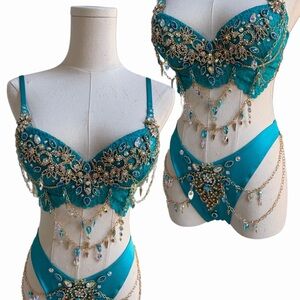 Embellished Princess Jasmine turquoise bra and high rise bottom Set